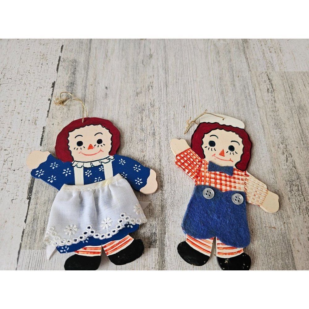 Wooden raggedy Ann Andy ornament Xmas vintage tree felt